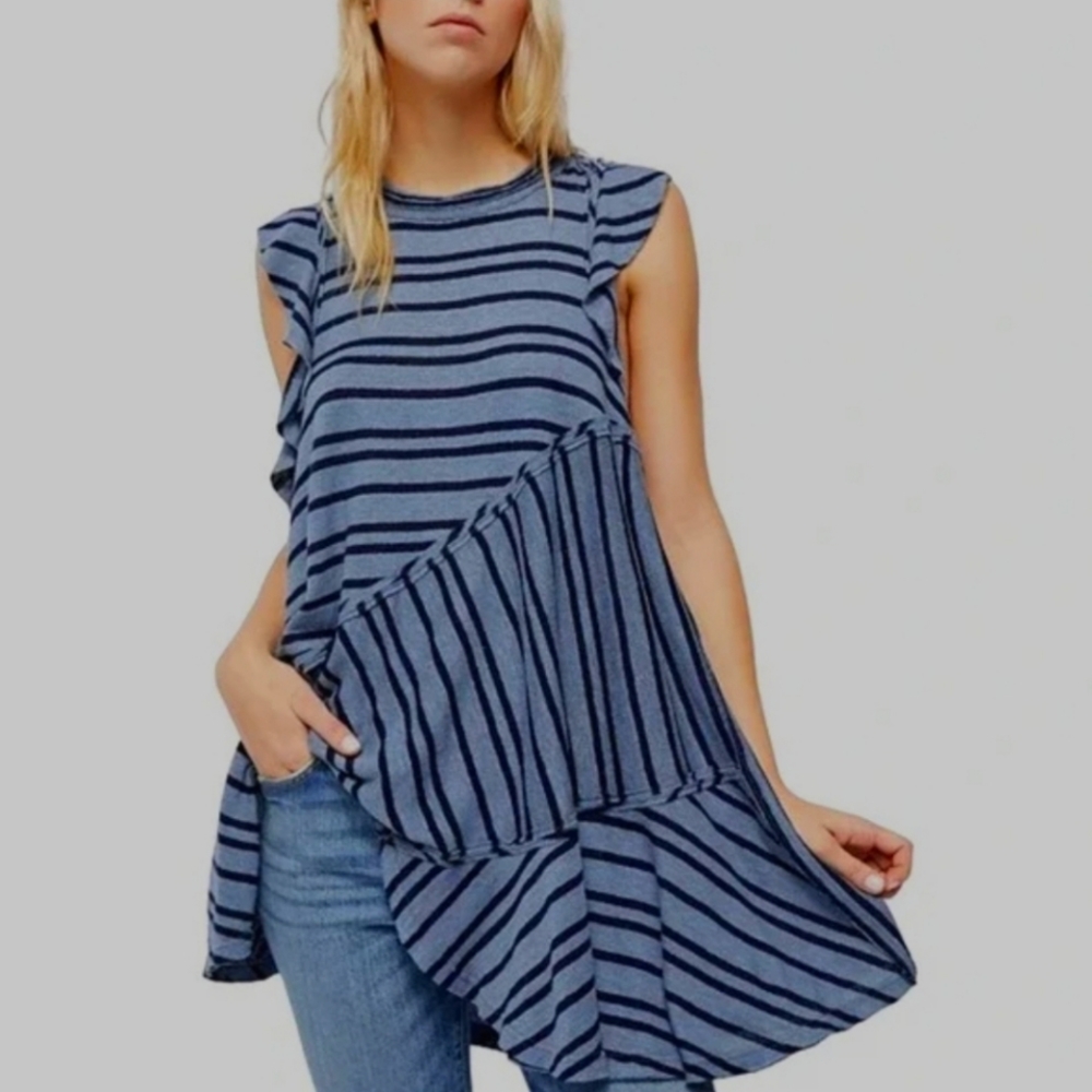 Free People Between The Lines Tunic Blue Deep Sea Combo Size L EUC